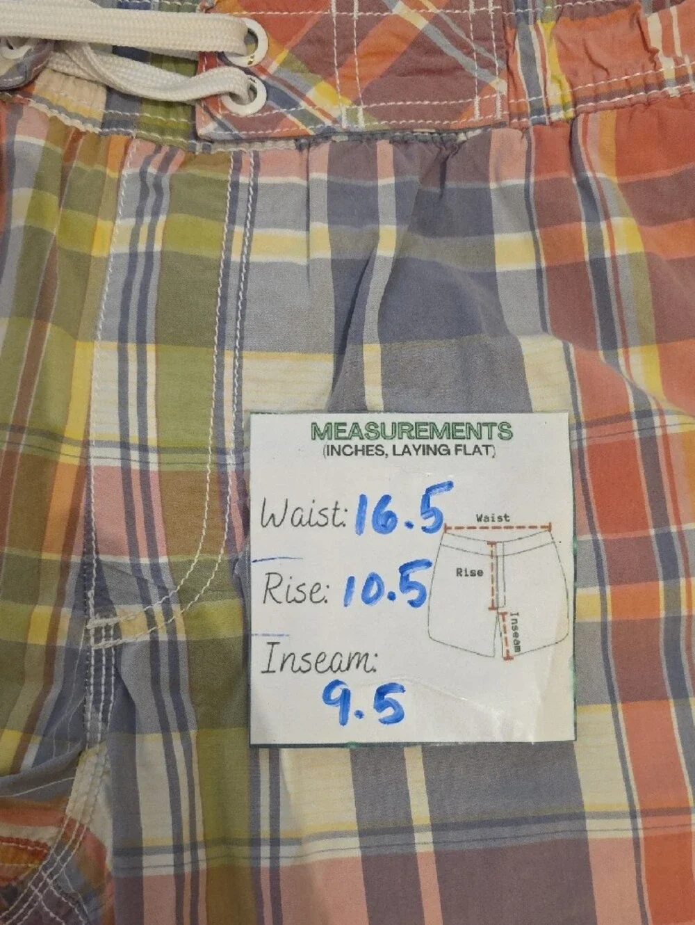 Plaid Drawstring Swim Trunks in Coral, Blue & Yellow